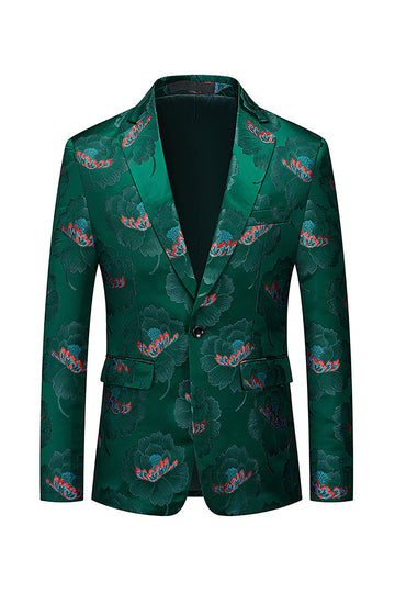 Blazer Floral Vert Foncé à Revers Cranté Un Bouton Pour Homme